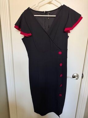 Black Dress with Pink Trim and Buttons - Women